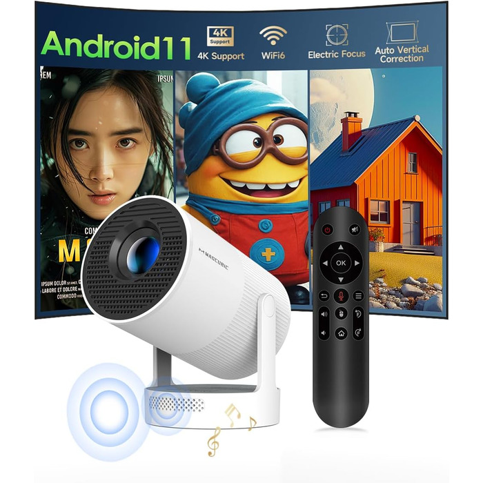 Портативний проєктор Mini Beamer 4K з Android 11: Smart проєктор з електричним фокусом, WiFi 6, BT 5.0, Full HD 1080P, 260ANSI, авто-корекція трапецеїдальних спотворень, 5W динамік