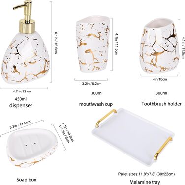 Bathroom Accessories Set, Gold Marble Look, Modern 6-Piece Bathroom Accessories Set, complete with soap dispenser, toothbrush holder, cup, tray, countertop (White Gold)