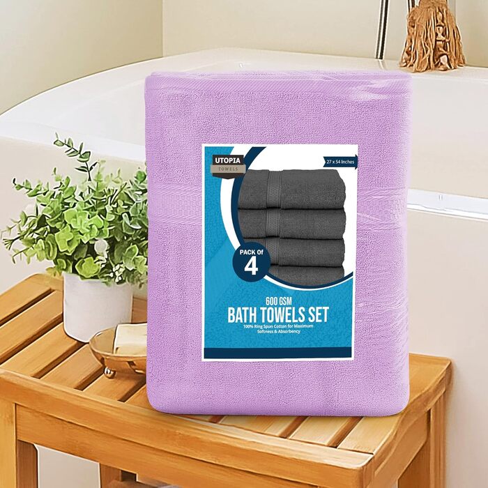 Рушники для ванни Utopia Towels, набір 4 шт, лаванда, 100% бавовна, 600 г/м², швидковисихаючі, м'які, дуже вбираючі, для щоденного використання