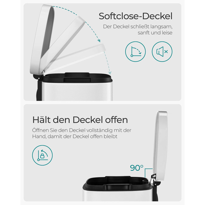 Відро для сміття SONGMICS 30 л з м'яким закриттям, сталеве, з внутрішнім відром, для кухні