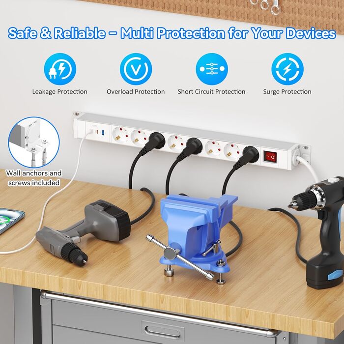 Мережевий фільтр із захистом від перенапруги, 10 розеток, поворотний на 360°, для стін, кабель 1.8м, 16A/4000W, для офісу та дому, чорний
