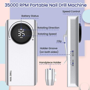 Електричний фрезер для манікюру та педикюру Delanie з акумулятором, 35000 об/хв, для гелю, акрилу, видалення кутикули, LED-дисплей, USB-зарядка (сріблястий)