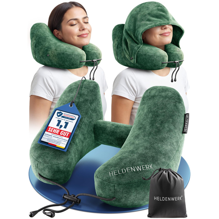 Подушка для шиї HELDENWERK® Air - для подорожей літаком та автомобілем | 5 положень, регульована, знімний капюшон | М'яка, зелена, для жінок та підлітків