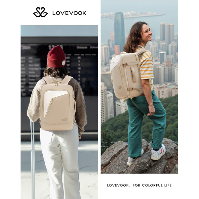 LOVEVOOK Рюкзак ручної поклажі, жіночий, для подорожей, з відділенням для ноутбука 17.3 дюймів, Carry On Luggage, для роботи, бізнесу, вихідних Beige Khaki
