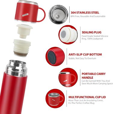 Термос IAGORYUE з нержавіючої сталі, 0.55л, з виливним кришкою та ручкою, подвійні стінки, зберігає тепло/холод до 12 годин, для спорту, офісу, відпочинку на природі (червоний)