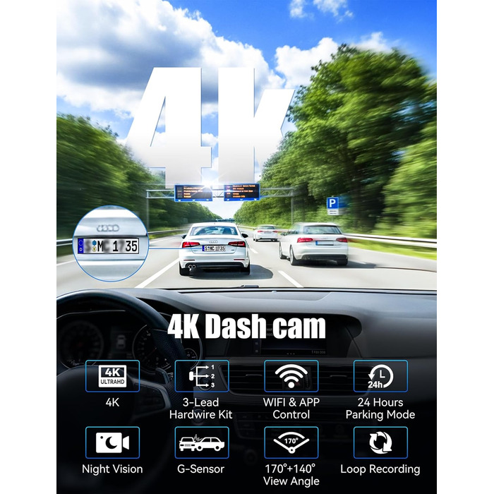 Відеореєстратор 4K Auto Передній та Задній з Хардвайр Кітом, WiFi, Паркувальний Моніторинг, 64GB SD Карта, 3-Канальна Автокамера з Нічним Баченням, 170° Широкий Кут, WDR, G-Сенсор, Циклічна Запис, Керування через APP