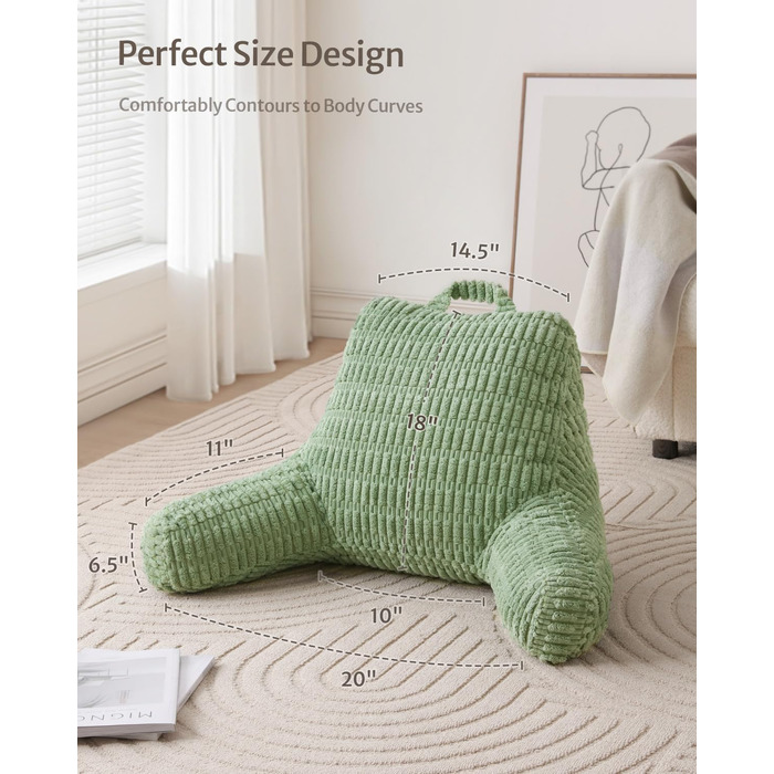 Подушка-крісло Blissful Diary для читання, з пінополіуретаном Memory Foam, для дорослих та дітей, для ліжка та дивана, з підлокітниками, кишенями та знімним чохлом, салатовий