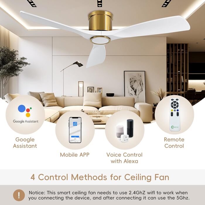 Сучасний стельовий вентилятор 132 см з підсвічуванням та пультом керування, тихий DC-двигун, сумісний з Alexa/Google Home, білий/золотий