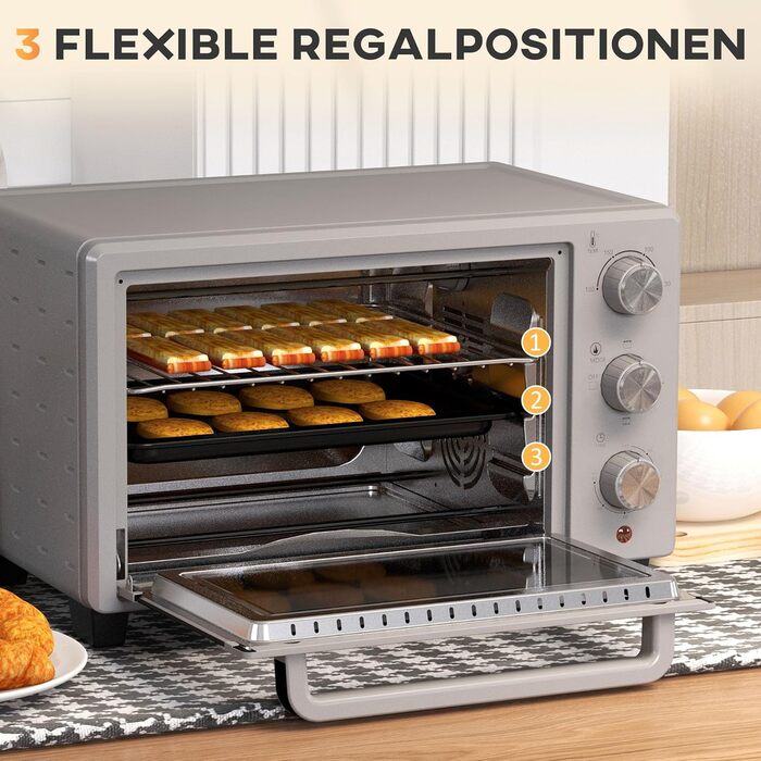 Міні-піч HOMCOM 21 л, 1400 Вт, 100-230°C, таймер, дека для крихт, дека для випічки, решітка-гриль, скло, для піци, кремово-білий (сріблястий)