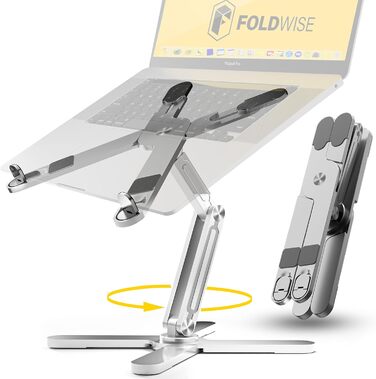 FoldWise X Laptop Stand for Desk – Aluminum, 360° Swivel, Foldable, Height & Angle Adjustable – Stable & Portable Laptop Riser, MacBook Stand & Computer Holder for 11-18 Inch
