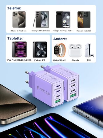 Двопакет USB-C зарядний пристрій Aioneus 4 порти з USB-C та USB-A, 40W швидка зарядка PD 3.0, блок живлення для iPhone 16 15 14 Pro Max 13 12 11 SE 2020 XS, Samsung, телефонів, фіолетовий