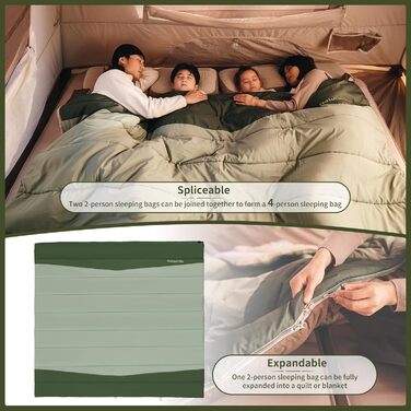 Спальний мішок Naturehike YC для 2 осіб, 3-4 сезони, для дорослих та дітей, зелений