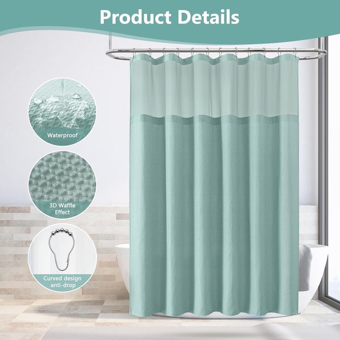 Завіса для душу з тканини вафельного плетіння FY&XZH з гачками, важка, водонепроникна, з покриттям TPU, стиль готелю з сітчастим віконцем, 2 гачки, стійкі до корозії (Зелений, 83 x 83 см)