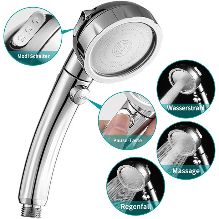 MIAOHUI Showerhead, Water-Saving with Water Stop Function, 3 Spray Patterns, Pressure-Boosting Showerhead, Shower with Hose and Holder (Chrome)