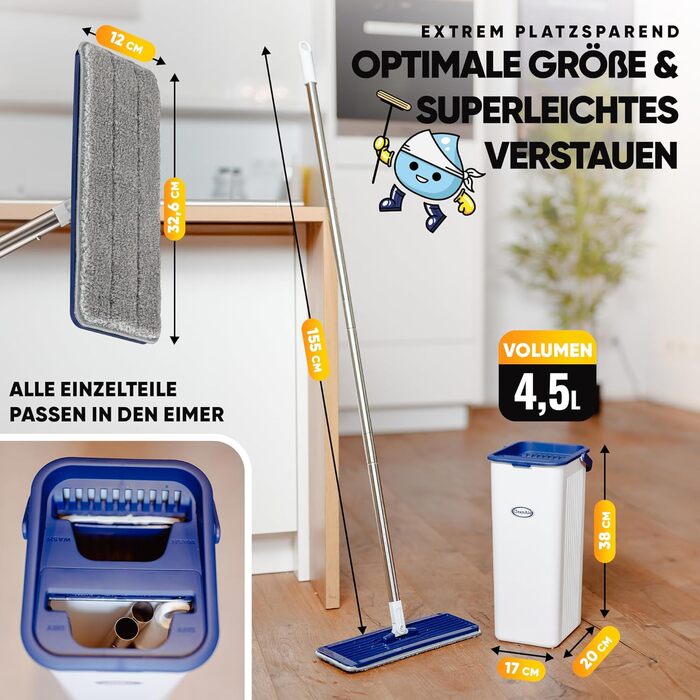 Набір для миття підлоги Formosa 2 з відром з двома відсіками | Плоский моп 360° з мікрофіброю | Віджим без рук + 2 змінні насадки