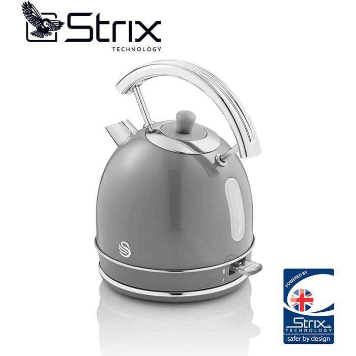 Swan Retro Electric Kettle - 1.8L, Vintage Design, Automatic Shut-Off, Cordless, BPA-Free Stainless Steel, 3000W, Grey