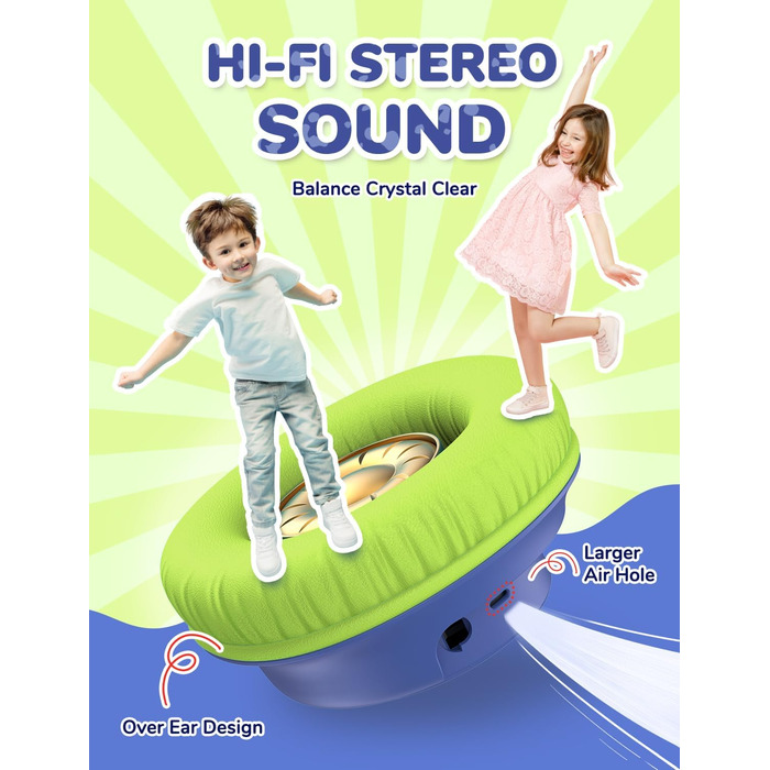 iClever Бездротові навушники для дітей з LED-підсвіткою, обмеження гучності 74/85 дБ, 43 години роботи, стерео звук, Type-C, AUX-кабель, Bluetooth 5.3, для планшетів/подорожей (зелено-блакитний)