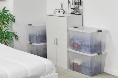 Iris Ohyama Storage Boxes with Lids, 60L, Set of 4, Silver, Secure Closure, Stackable, Handles, for Bedroom, Closet, Office, Organization, BPA-Free Plastic, Storage Boxes, NTB-60