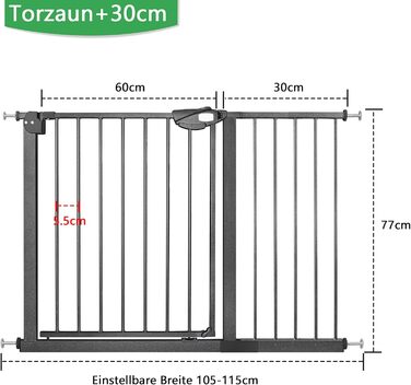 Захист для воріт/сходищ для дітей без свердління, 75-85 см, автоматичне закриття, металеве огорожа (чорний, 105-115 см)