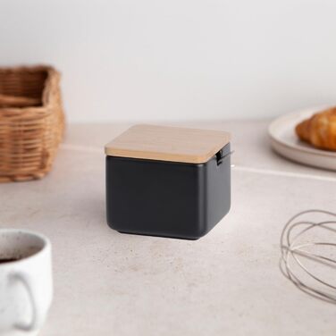 Керамічна цукерниця з ложкою та кришкою з бамбука - цукерниця для дому та кухні, сучасна куляста форма, для цукру, сиру, спецій, 10 x 10 x 9 см (Біла Кругла) (Чорна)