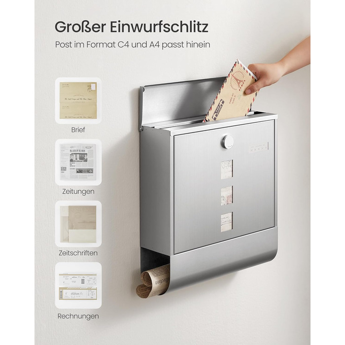 Поштова скринька SONGMICS з замком, оглядовим вікном та відділенням для газет, сіра - GMB20AG (37x37x11 см)