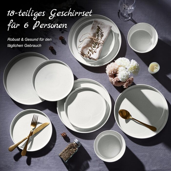 Набір посуду Homikit на 6 осіб: тарілки, миски, десертні тарілки, тарілки для їжі, з реактивною глазур’ю, кераміка, безпечний у мікрохвильовці та посудомийній машині, білий, 18 шт.