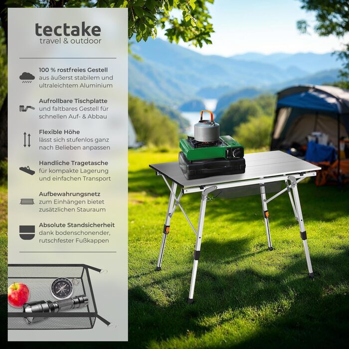 Складаний туристичний стіл Tectake® з алюмінію, 90 x 52 см, срібний. Регульована висота, водостійкий, з сумкою