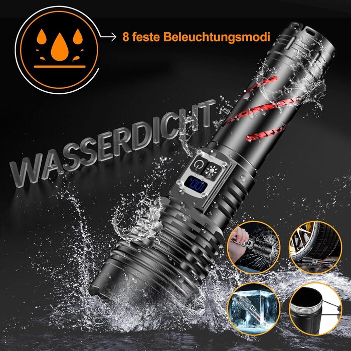 Ліхтар LED акумуляторний 1000000 люменів, тактичний ліхтар, 2 режими, регулювання яскравості, USB, для кемпінгу та надзвичайних ситуацій, чорний