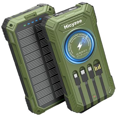 Сонячний повербанк 26800 mAh з 4 кабелями, швидка зарядка USB-C, Qi бездротова зарядка, LED ліхтарик - для телефонів, планшетів, кемпінгу (Зелений)