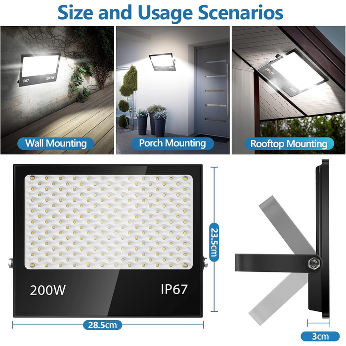 200W LED Floodlight Outdoor, 20000LM LED Spotlight, 7000K Cool White Spotlight, IP67 Waterproof Floodlight, for Backyard, Courtyards, Garage, Hallway, Garden