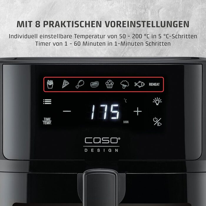 Фритюрниця без олії CASO AirFry 6.0 - 6 літрів, тиха, з таймером та 8 пресетами, нержавіюча сталь