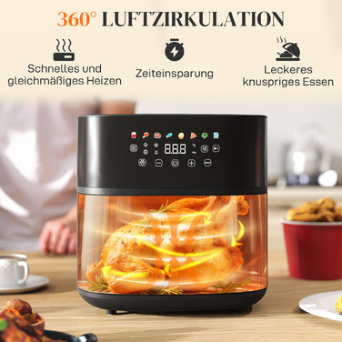 Фритюрниця HOMCOM з гарячим повітрям на 8 літрів (Airfryer) з 8 попередніми налаштуваннями, таймером на 60 хвилин, технологією 360° циркуляції гарячого повітря, потужністю 1700 Вт, без використання олії, з захистом від перегріву, LED-сенсорною панеллю упр