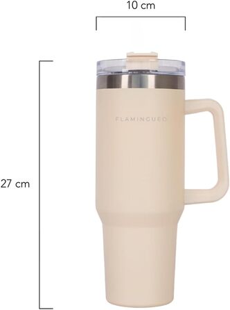 Термокружка з трубочкою Flamingueo - термос, сталева термокружка з ручкою, 1.18L, блакитний (бежевий), зберігає холод 24г, гаряче - 10г