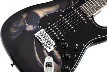 Електрогітара Rocktile Pro ST60-SKULL з дизайном черепа (Humbucker, 2 Single Coils, 22 лади, гриф з рожевого дерева, корпус з липи, гриф з клена)