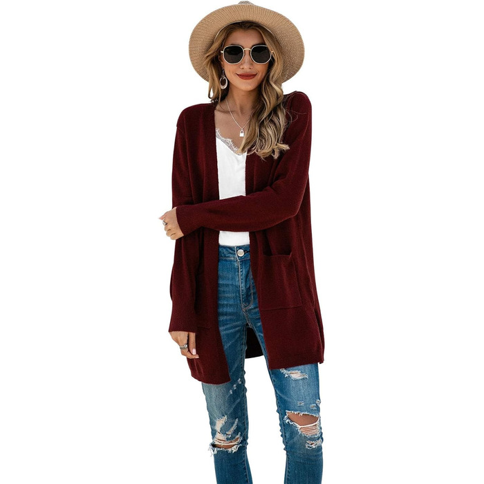 Кардиган жіночий Saodiallsu з довгими рукавами, легкий, однотонний, з кишенею (Вишневий, L)