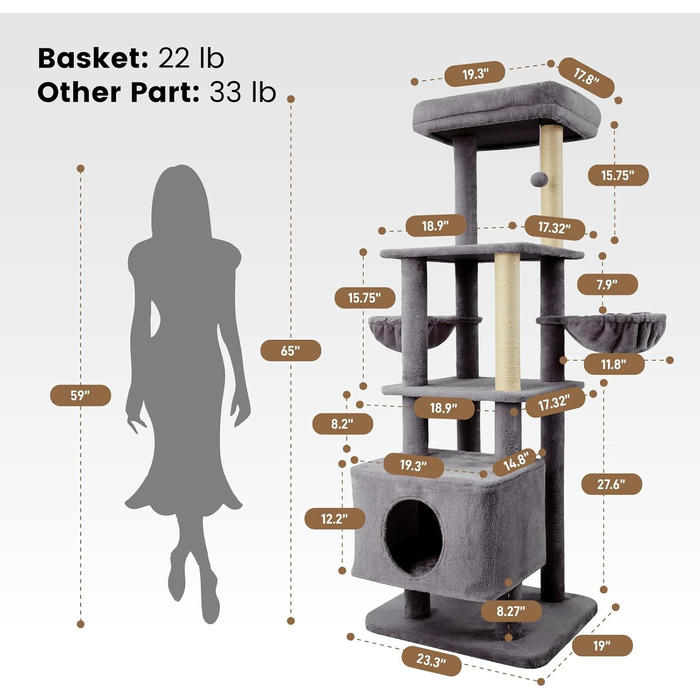 Кігтеточка-кімнатний комплекс Ґарднер Пет Катценбаум, 165 см, сіра. З платформами, кошиками та печерею для котів.