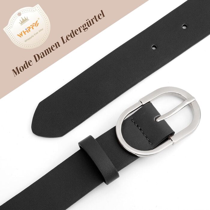 Жіночий та чоловічий шкіряний ремінь WHIPPY з срібною пряжкою для джинсів та штанів (чорний, розмір L 91-105 см, довжина 120 см)