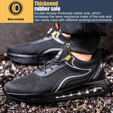 Черевики безпеки робочі чоловічі та жіночі S3, легкі, зі сталевим підноском, неслизькі, дихаючі, спортивні, робочі кеди (39 EU, чорний сріблястий)