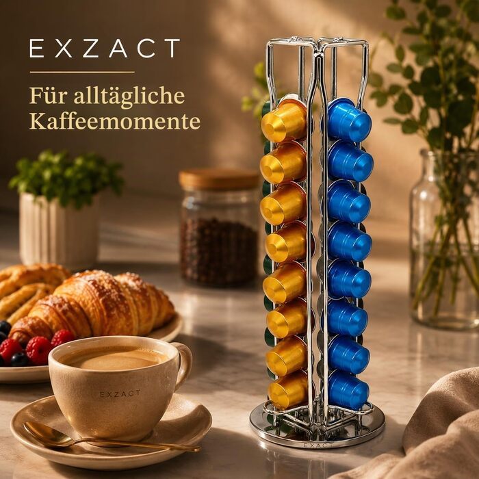 Органайзер для кавових капсул Exzact, сумісний з Nespresso (на 40 капсул) — обертовий підставний тримач для кавових капсул, протиковзкий, сріблястий