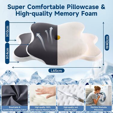 Подушка з піною з пам'яті YunNasi: ергономічна, ортопедична, для сну на боці, спині та животі, з кульковою тканиною, яку можна прати