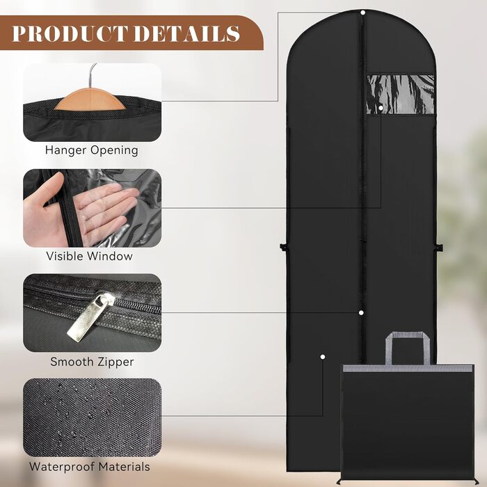 Чохли для одягу 4 шт. 60x180 см, дихаючий матеріал, з ручками, на блискавці, з віконцем. Захист для костюмів, пальто, суконь.