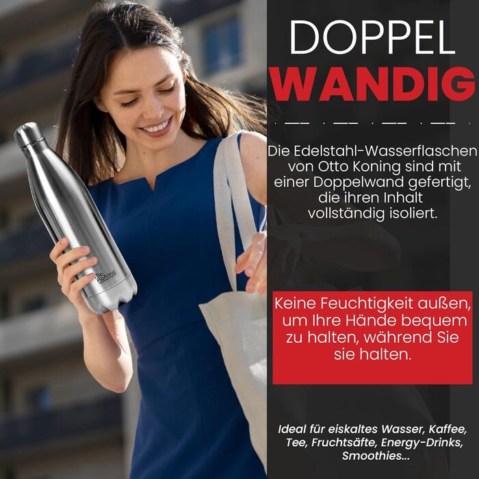 Термос-термопляшка з нержавіючої сталі Otto Koning, 1000 мл, подвійні стінки, вакуумна ізоляція, BPA-free, сріблястий