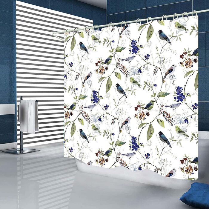 Штора для душу 180x180 см з квітами, антигрибкова, водонепроникна, швидковисихаюча, поліестер, з 12 кільцями (пташки)