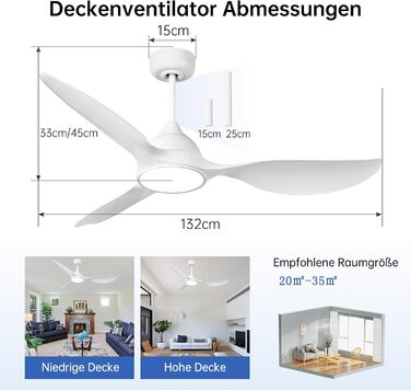 Стеляний вентилятор Reiga з підсвічуванням та пультом дистанційного керування 132 см, тихий реверсивний двигун, 6 швидкостей, таймер, регульована яскравість та 3 колірні температури, світло-коричневі лопаті (білий, з пультом)