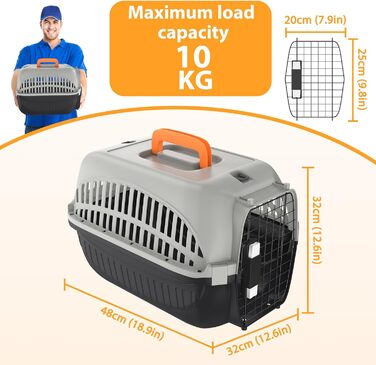 Транспортна переноска для собак та котів Aufun, 48x32x32 см, пластик з металевим ґратом, сіра та чорна
