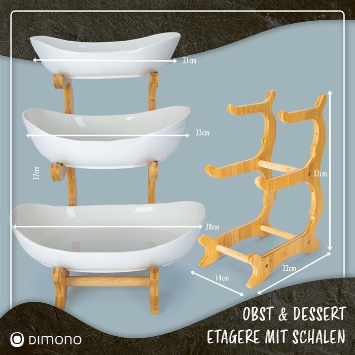 Dimono® Етажерка для сервірування: 3-ярусна етажерка для подачі їжі з керамічних мисок та бамбукового підставки. Ідеально для десертів, фруктів, овочів та солодощів.