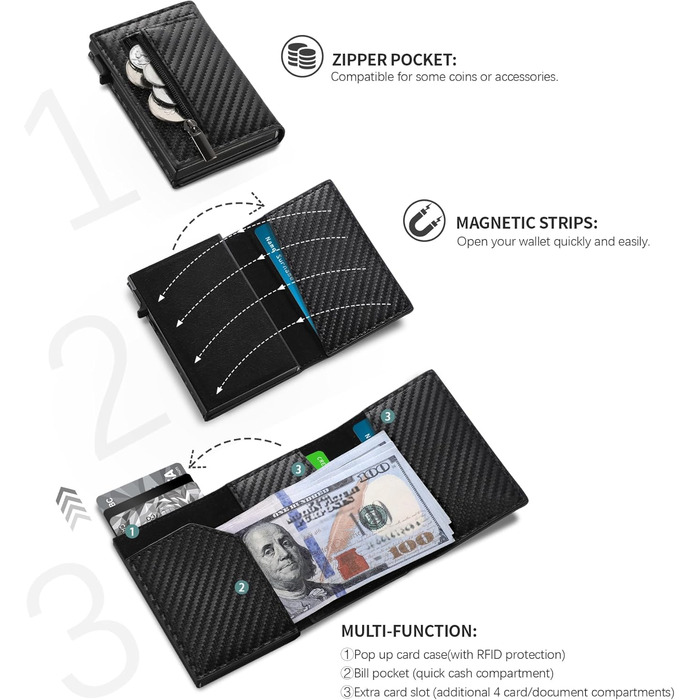 Чоловічий гаманець TENBST - картхолдер ультратонкий з RFID захистом, 10 відділень для карток, вікно для ID, преміум карбон, чорний
