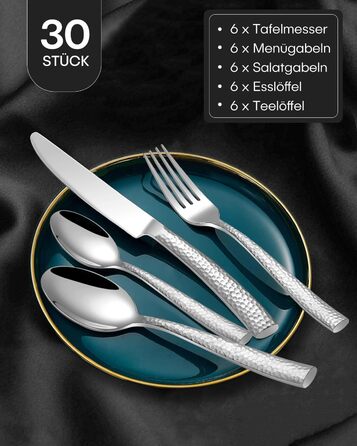 HONKKU 30-Piece Flatware Set, 6 People, Thickened Stainless Steel Cutlery Set with Hammered Handle, Eating Cutlery Set with Knife, Fork, Spoon, Mirror Polished, Dishwasher Safe