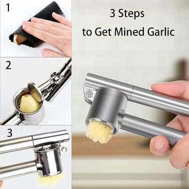 Прес для часнику з нержавіючої сталі, кухонний аксесуар, 18 см, подрібнювач часнику з очищувачем та щіткою, придатний для миття в посудомийній машині, срібний