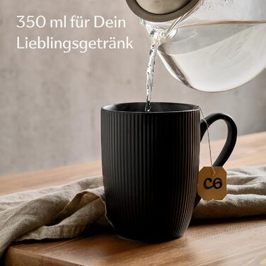 Coffee Mugs 6-Piece Set Modern Black - Unique Stripe Pattern - Matte Ceramic - Microwave Safe - Dishwasher Safe & Comfortable Handle